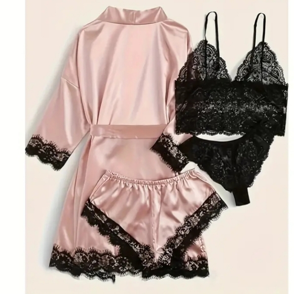 Elegant Pink and Black Lace Sleepwear Set - Picture 2 of 5